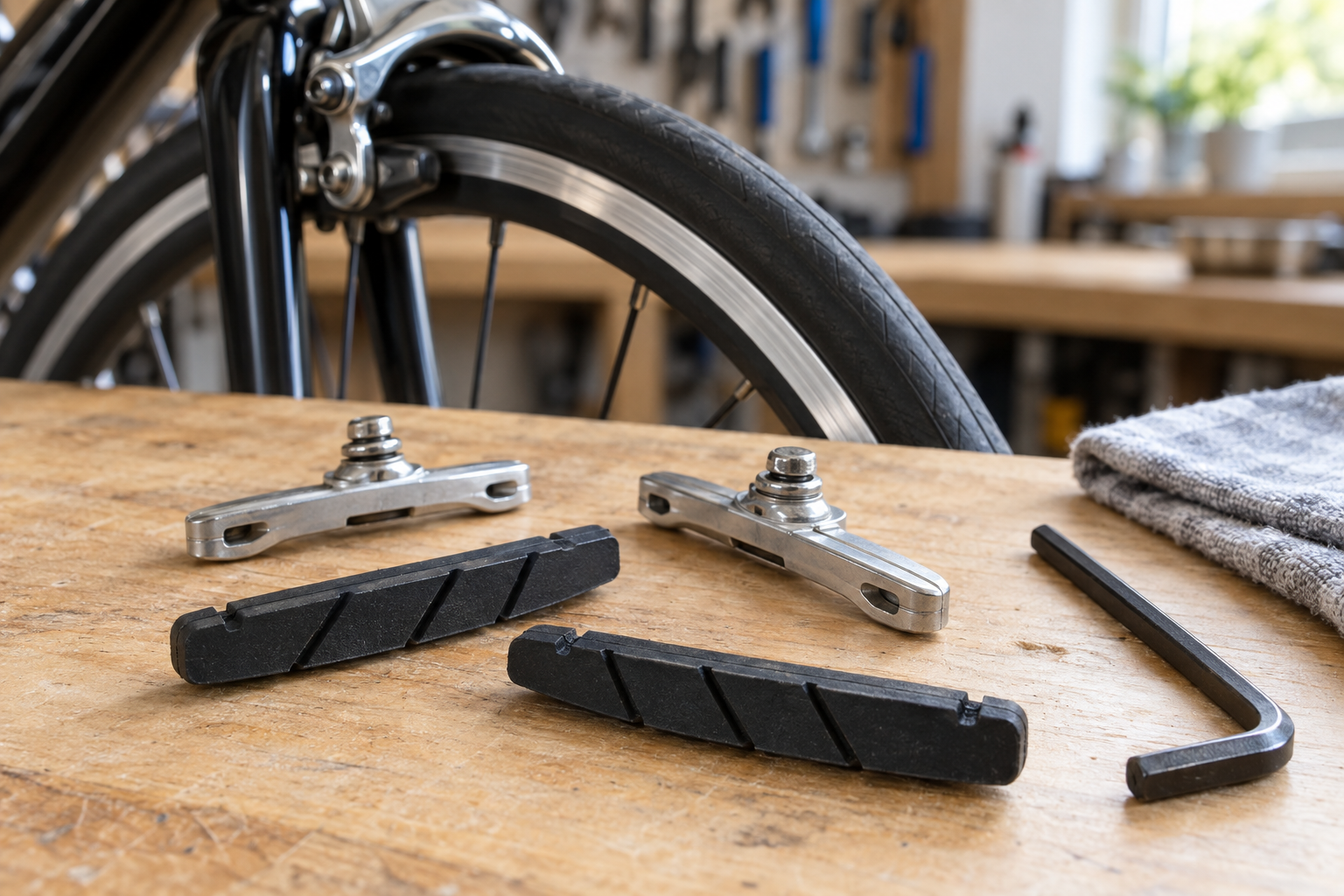 Rim-brake pads and holders on a workshop bench