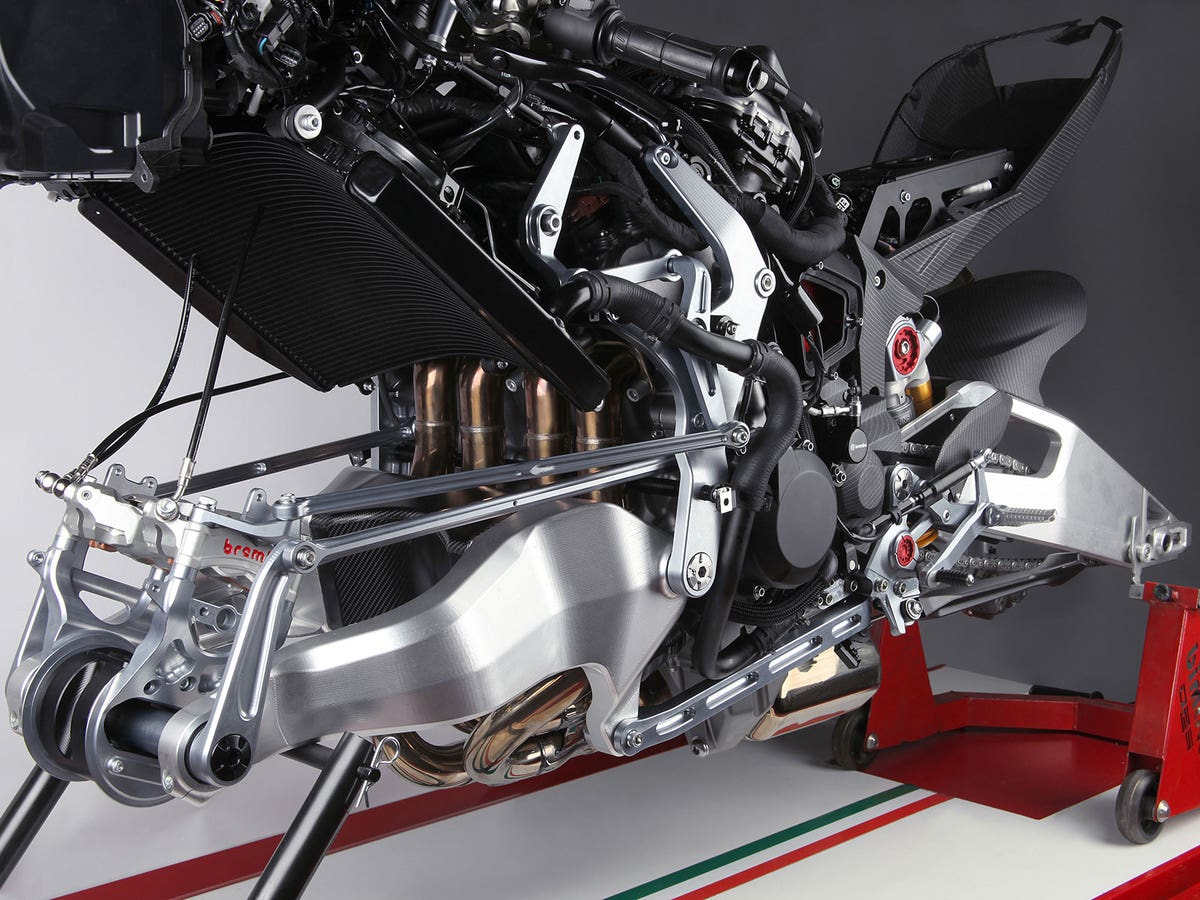 Bimota Tesi H2 front swingarm, steering linkages and engine with the bodywork removed