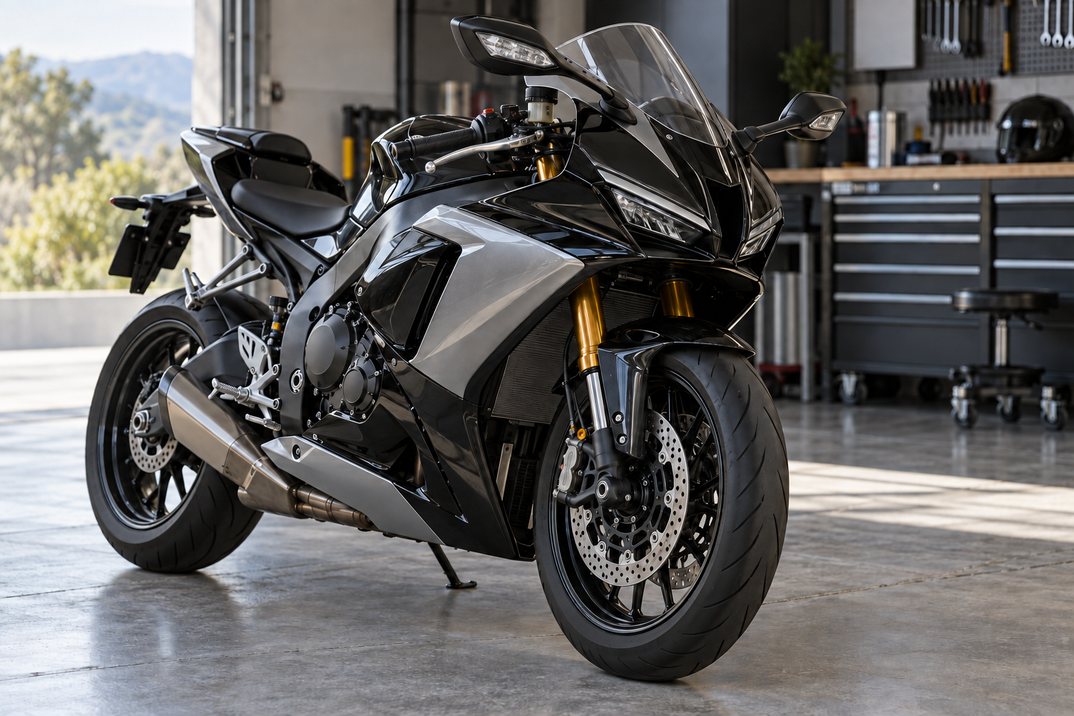 Editorial illustration: a sports motorcycle in a workshop, showing its front wheel and steering area.