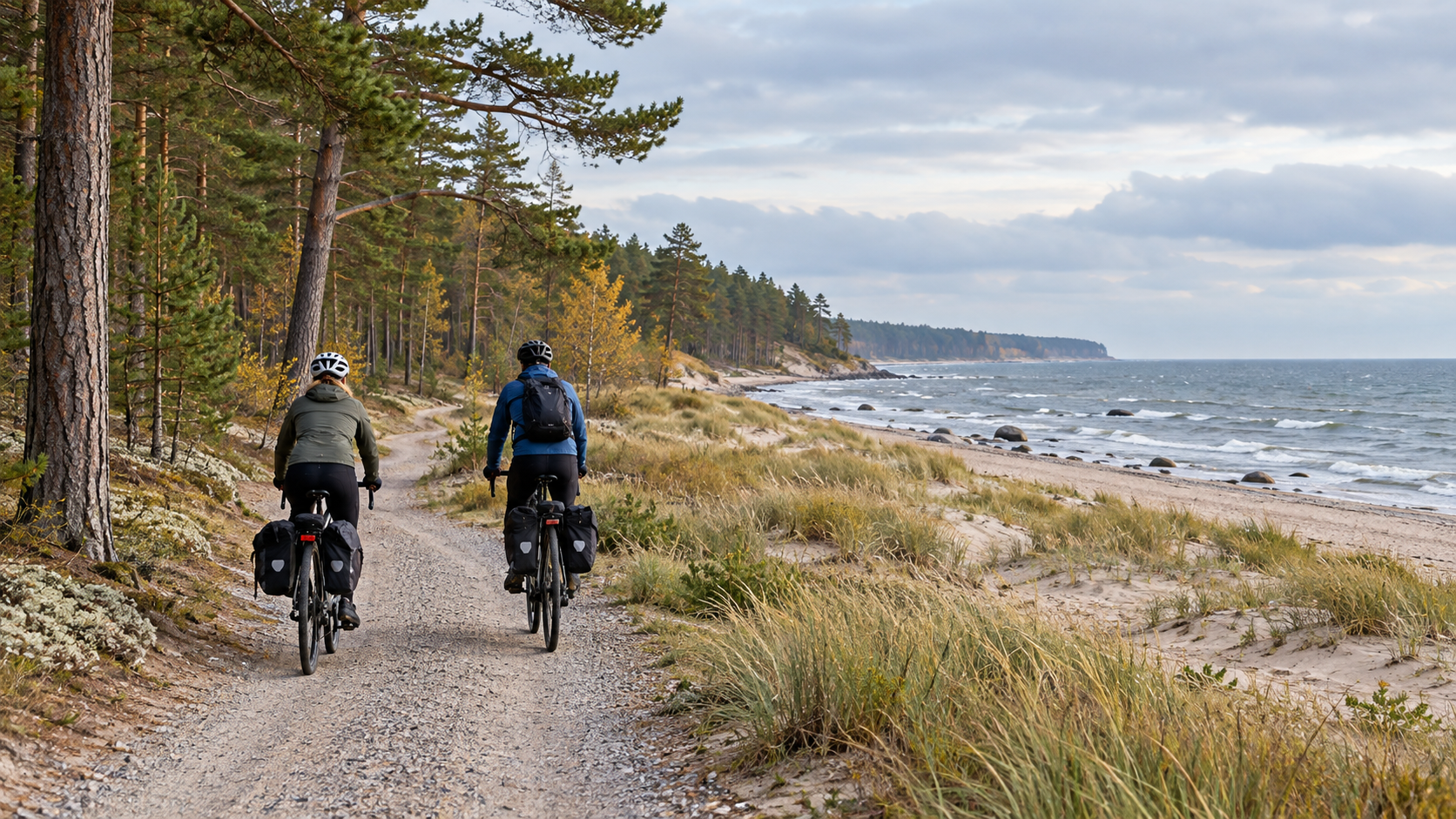 Two touring cyclists riding a coastal path beside the Baltic Sea