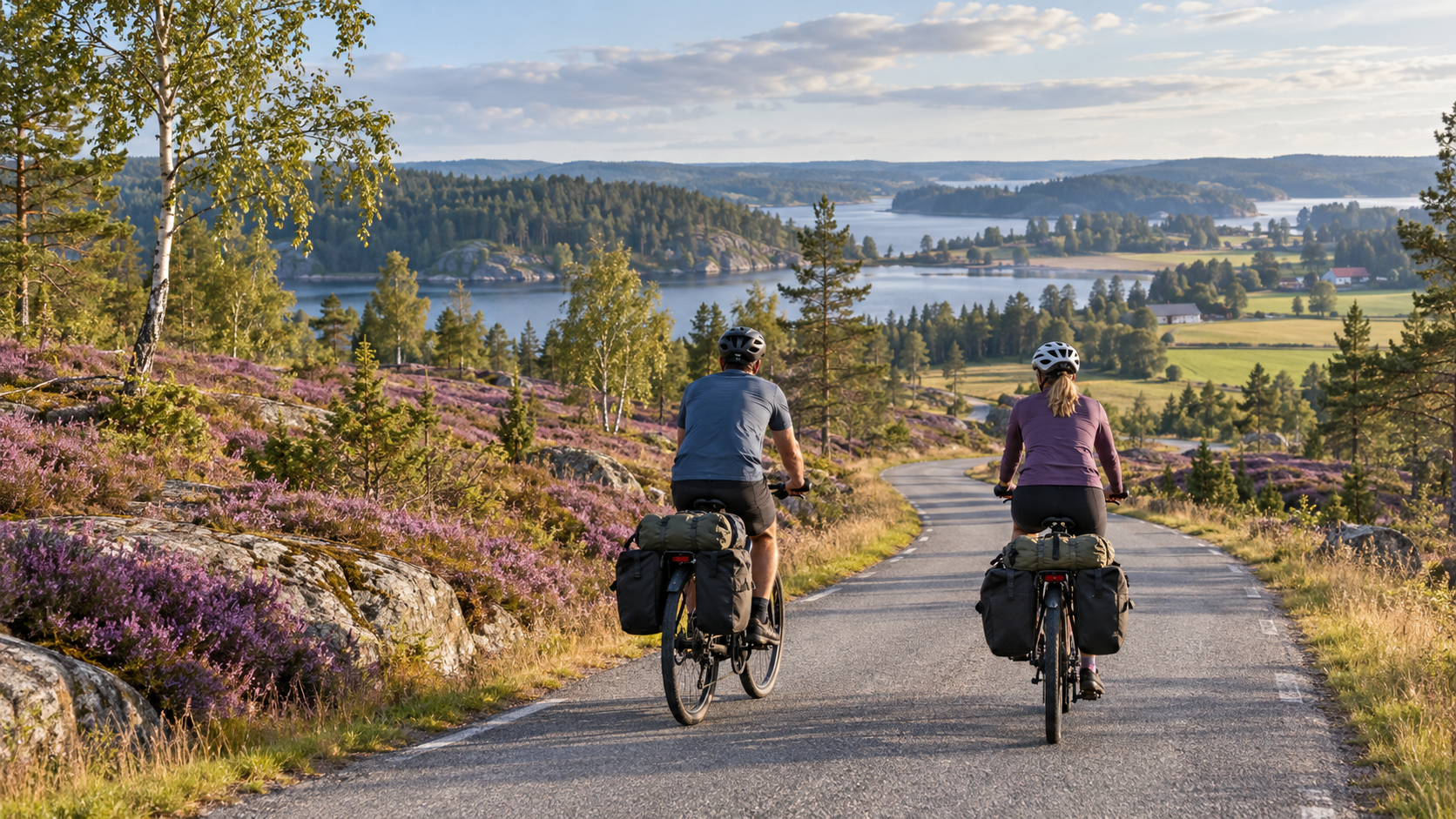 Two touring cyclists ride a quiet road above woodland and a lake