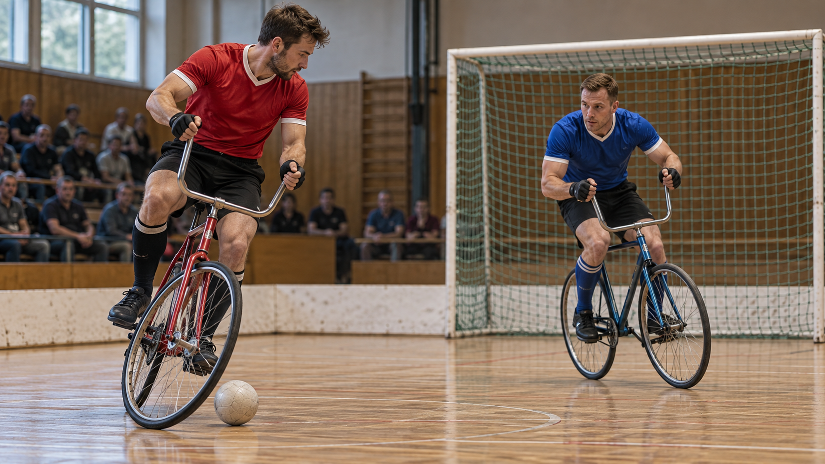Divi velofutbola spēlētāji ar velosipēdiem sporta zālē pie vārtiem