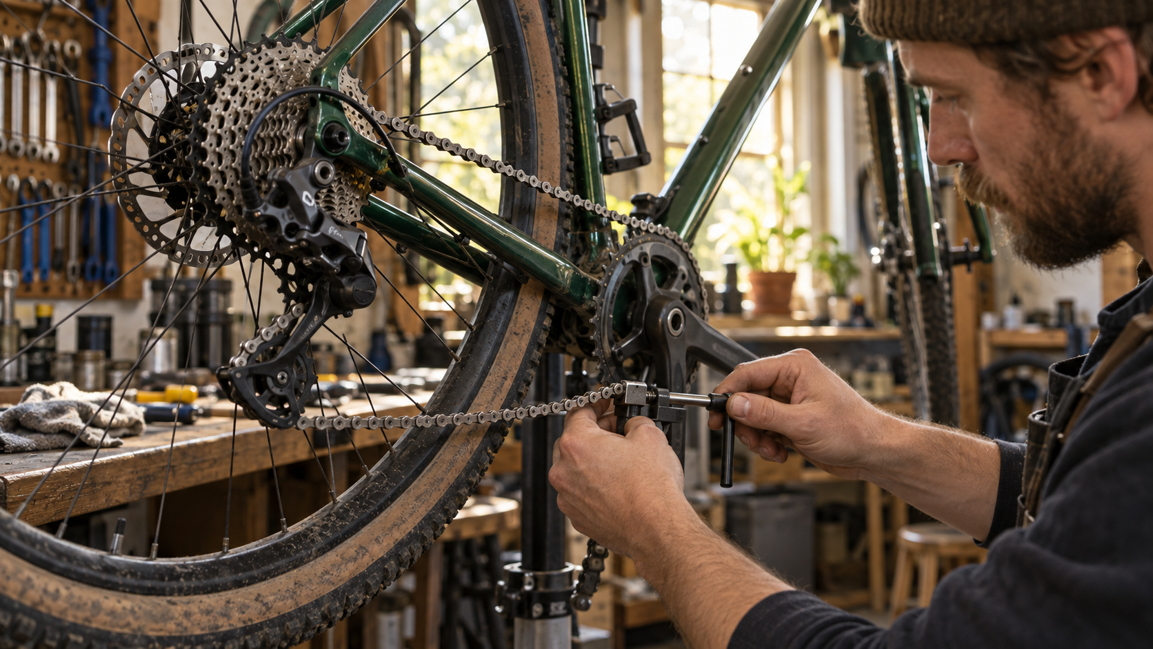 A mechanic checks a bicycle chain beside the rear derailleur in a workshop