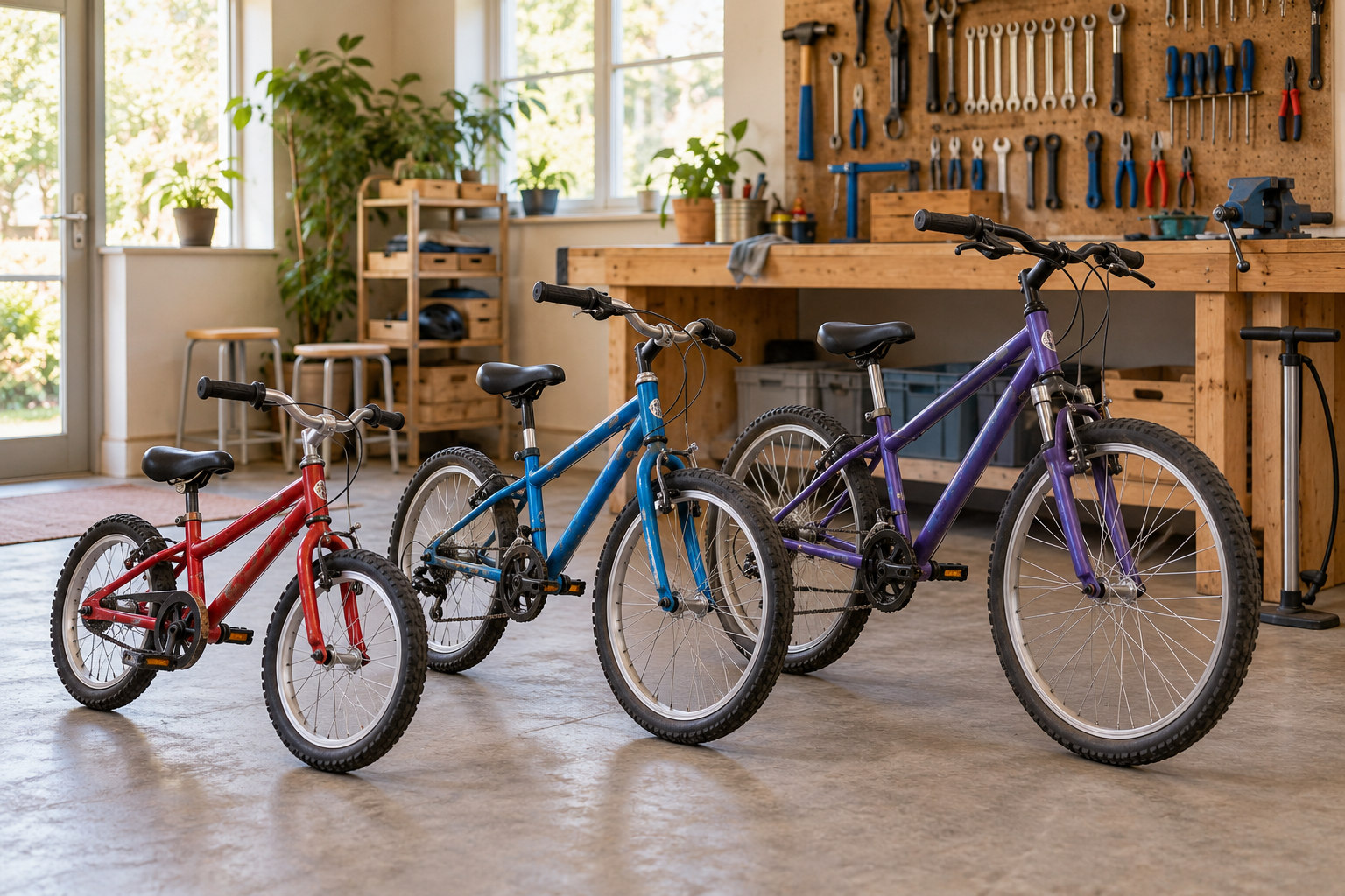 Editorial illustration: children’s bicycles in several sizes in a bright workshop.